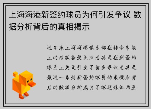 上海海港新签约球员为何引发争议 数据分析背后的真相揭示